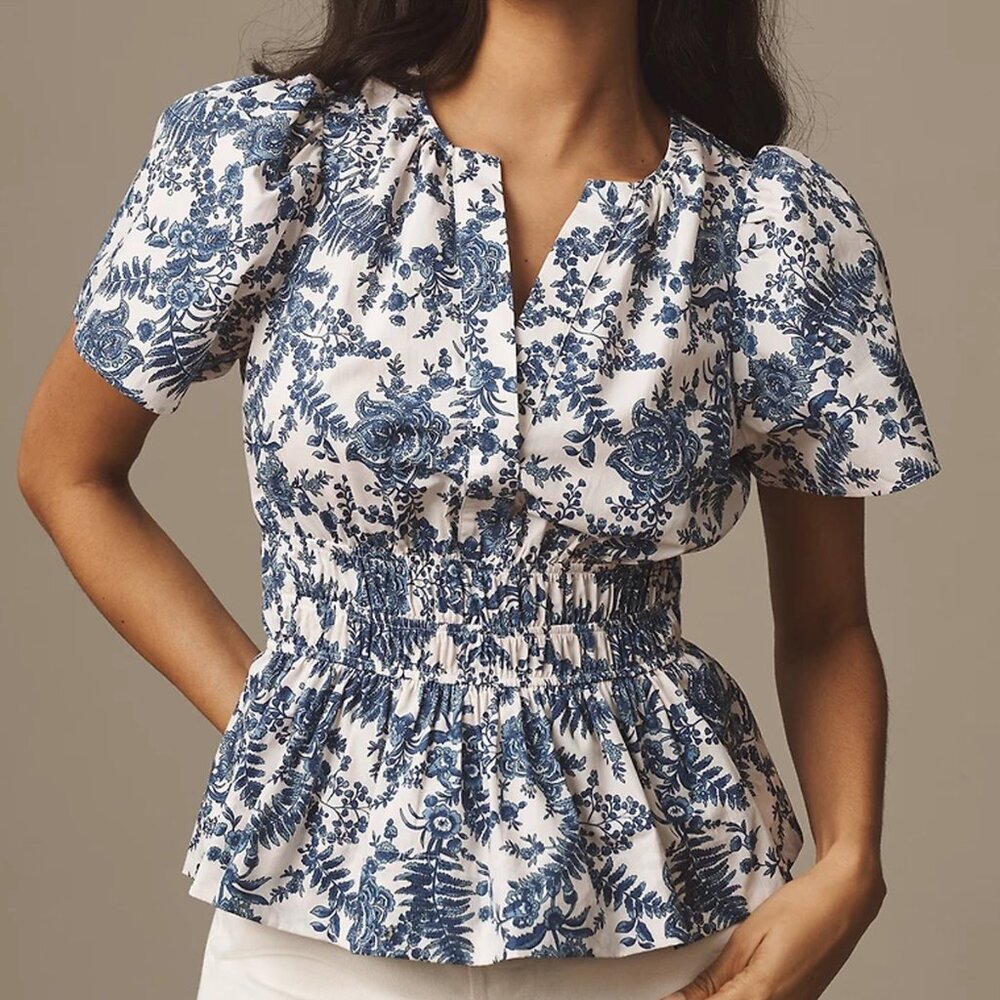 Anthropologie Somerset Blouse | Blue & White Floral | Size XL